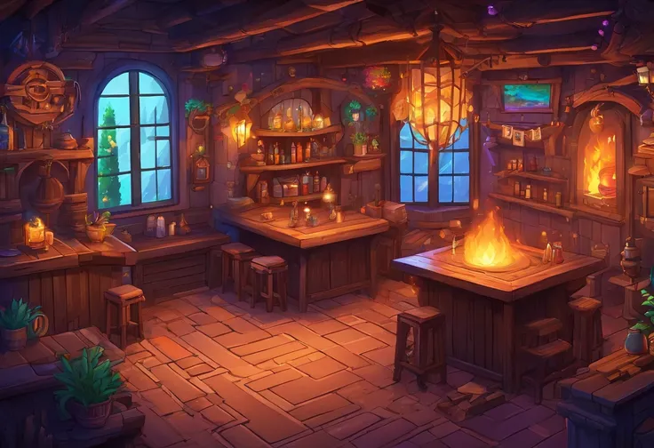 fantasy tavern interior, space tavern, rustic, artifacts on the walls, showcase artifacts, tavern patrons, dark tavern, space outside windows, space theme, ((silvery space flora, space flora)), space background, night time outside, fireplace, hearth, (((ra...