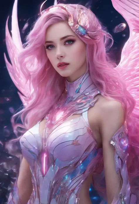 RAW photograph, photorealistic pic of a 17 yo girl, golden skin, pink hair, long hair, scattered, hair blown up by the wind, ((lilac eyes)), perfect face, highly detailed facial features, deep eyes, smile, pink angel wings, angel, iridescent blue feather s...