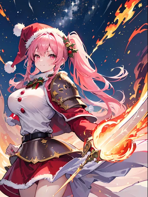 (Best Quality, masterpiece:1.3), Illustrations, Anime, Very high resolution, large filesize, full color, Beautiful detailed glow, Front light, 1girl, Solo, Christmas, (santa hat), ((Santa costume|Knight armor:1.3)), (gigantic swords:1.2), Christmas Decorat...