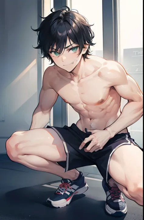 Percy Jackson, 13 years old kid, masterpiece, highres, average height, raven black hair, messy hair, slightly short hair, shirtless, tanned mediterranean skin, sea green eyes, handsome face, smirking, looking at viewer, injured, Percy is standing and you c...