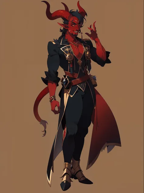 ((1male)) character concept adopt ,handsome , tiefling, horns, red skin, make-up., fullbody, desert outfit