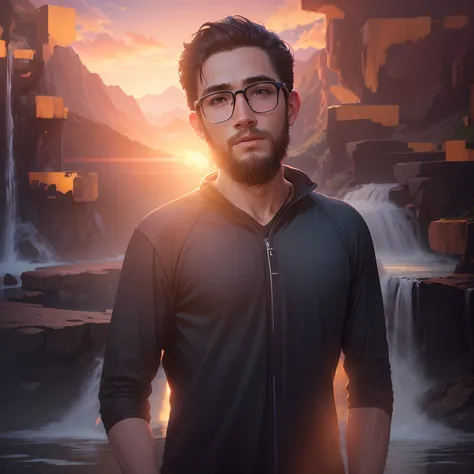 Change background with waterfall in mountain with sunset view realistic boy face 8k quality