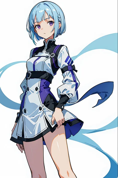 (masterpiece, best quality) detailed, 1man, clothing is a mix of sword art online clothing and a adidas jumpsuit  , ((white background)) , Beautiful woman , skinny build , short bob hair style , light blue hair , purple eyes , light skin , age 30, short tu...