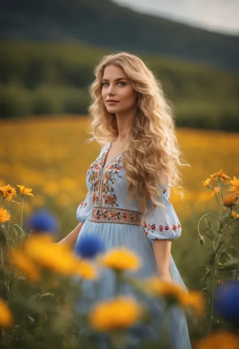 (dynamic pose:1.2),(dynamic camera),photo RAW,((close-up:1.3),young_woman in dress,Embroidery,belorussin,long blonde curly hair, standing on flowers field, big cornflowers in foreground (bokeh:1.2)), masterpiece, award winning photography, lighting, perfec...