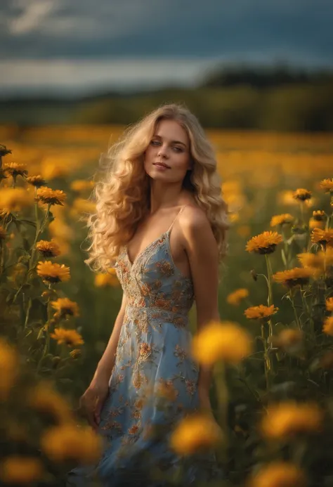 (dynamic pose:1.2),(dynamic camera),photo RAW,((close-up:1.3),young_woman in dress,Embroidery,belorussin,long blonde curly hair, standing on flowers field, big cornflowers in foreground (bokeh:1.2)), masterpiece, award winning photography, lighting, perfec...