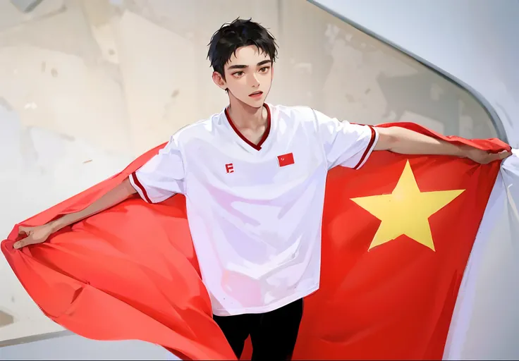 15 years old young boy，Wearing a white T-shirt，Black pantsuit，Draped in a five-star red flag