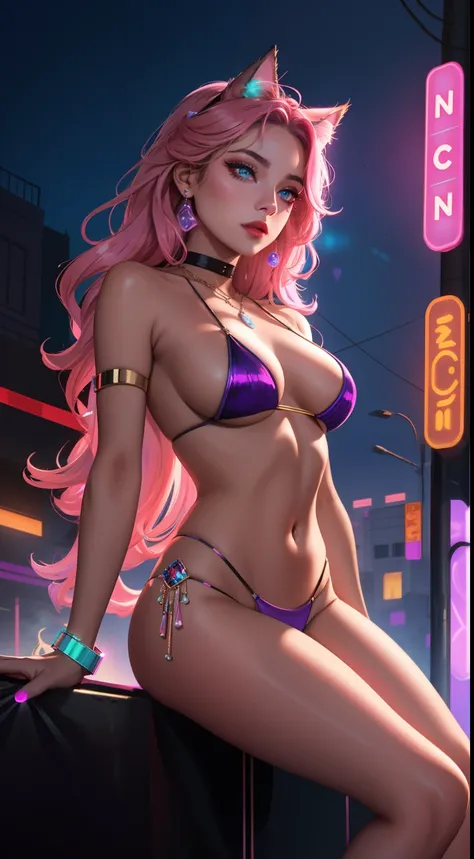 tmasterpiece, Full color, motley, spectrum, ciberpunk, Futuristic, A cyborg, retrowave,  cynthwave, neon wires, neon showcases, neon signage, Nude Gorgeous Vamp Woman, A bold look,wolf ears, a gold,Pink, Yellow, mint, crimson blue gradient hair, long wavy ...