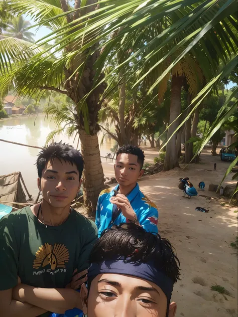 there are three men standing next to each other near a palm tree, with village, very very low quality picture, Young picture, a picture, selfie photo, help me, with great birds, palm trees in the background, posing for a picture, with a figure in the backg...