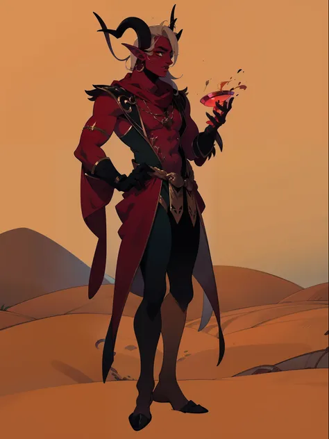 ((1male)) character concept adopt ,handsome , tiefling, horns, red skin, make-up., fullbody, desert outfit