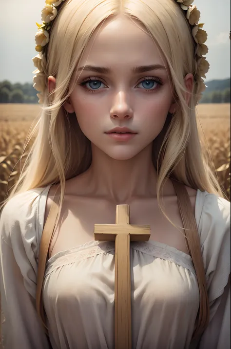 Young European blonde woman in a cornfield dressed in white sheets and a cross of Jesus looking at the camera. Realistic and cinematic portrait photo