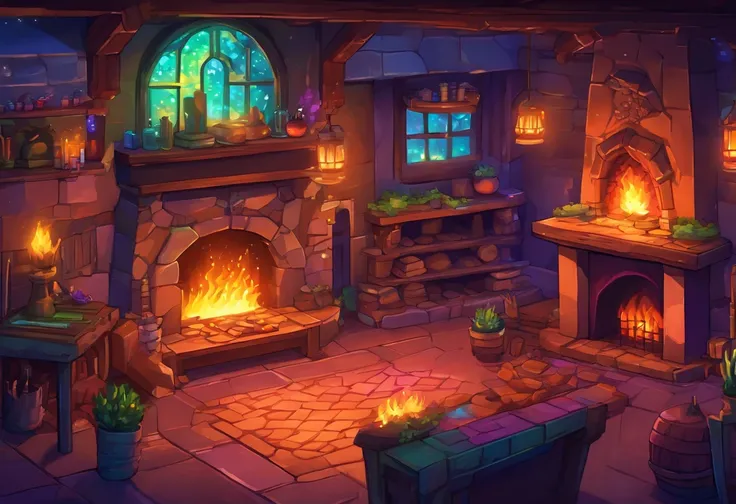 fantasy tavern interior, space tavern, rustic, artifacts on the walls, showcase artifacts, tavern patrons, dark tavern, space outside windows, space theme, ((silvery space flora, space flora)), space background, night time outside, (((((fireplace(iridescen...