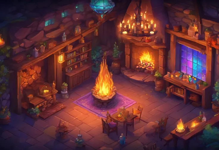 fantasy tavern interior, space tavern, rustic, artifacts on the walls, showcase artifacts, tavern patrons, dark tavern, space outside windows, space theme, ((silvery space flora, space flora)), space background, night time outside, (((((fireplace(iridescen...