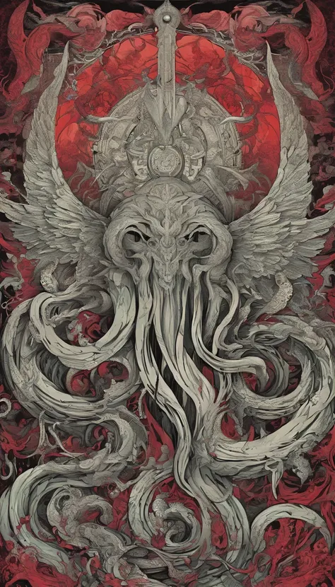 From the depths he emerges, devil, 
The Cthulhus Parade in crimson hues.
Whispers of the otherworldly echo,
A festival where madness and beauty fuse.

In the night sky adorned with abyssal splendor,
Feathers stained with blood dance and soar.
Entwined by t...