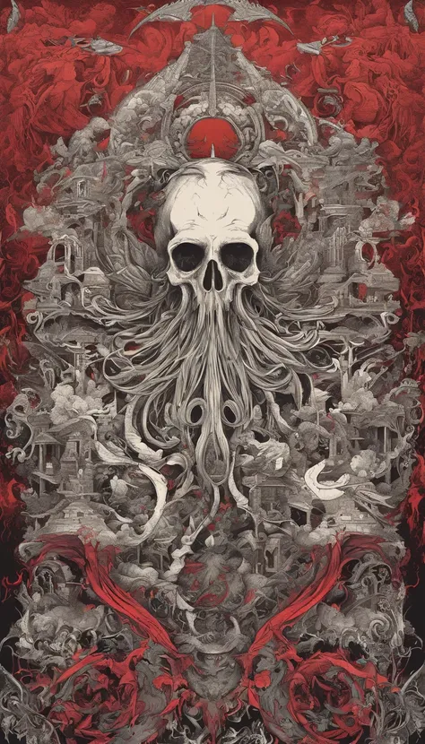 From the depths he emerges, devil, 
The Cthulhus Parade in crimson hues.
Whispers of the otherworldly echo,
A festival where madness and beauty fuse.

In the night sky adorned with abyssal splendor,
Feathers stained with blood dance and soar.
Entwined by t...