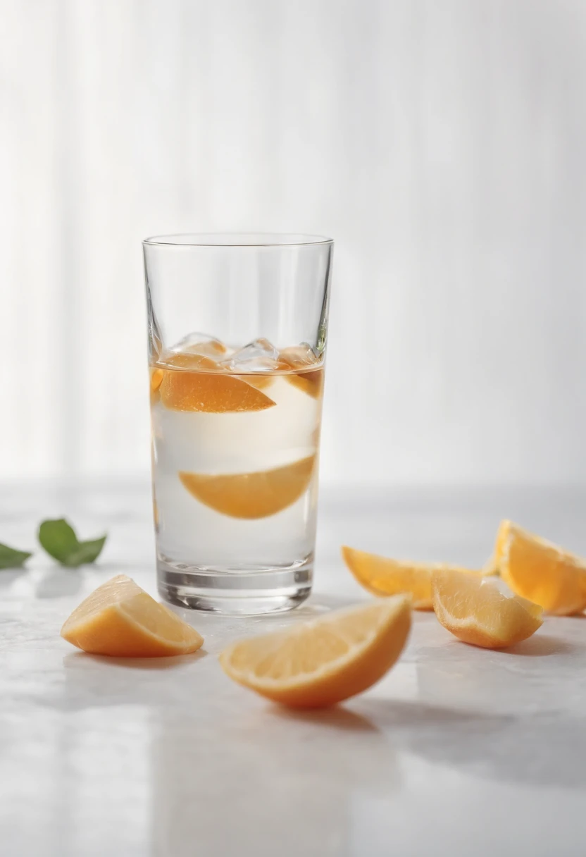 Solid white background，In the center, 5 pieces of glass of different shapes are stacked on top of each other，A little reflection and refraction，HD