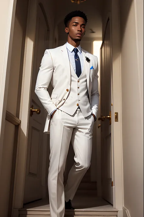 Young black man dressed in a white suit standing in front of the stairs of a white chapel . Photo realistic portrait cinematic sun blue sky