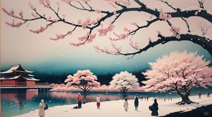 ukiyoe painting、ink and watercolor painting、​masterpiece、top-quality、An ultra-high picture quality、4K picture quality、super precision、snowscape、cherry blossom in full bloom、large tree、beautiful gradients