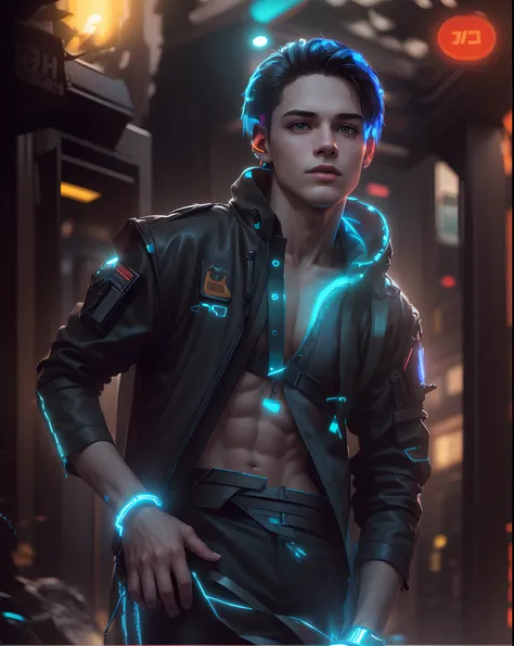 1boY shapely body,19 year old,cyberpunk,hdr realstic smooth background blur with lights