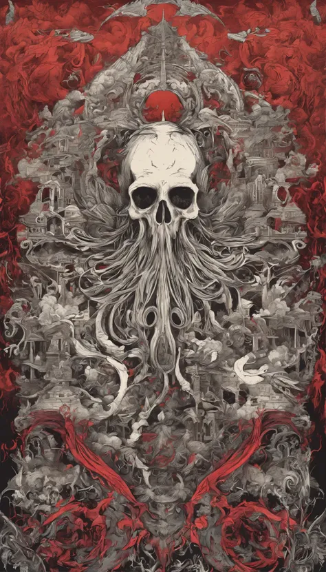 From the depths he emerges, devil, 
The Cthulhus Parade in crimson hues.
Whispers of the otherworldly echo,
A festival where madness and beauty fuse.

In the night sky adorned with abyssal splendor,
Feathers stained with blood dance and soar.
Entwined by t...