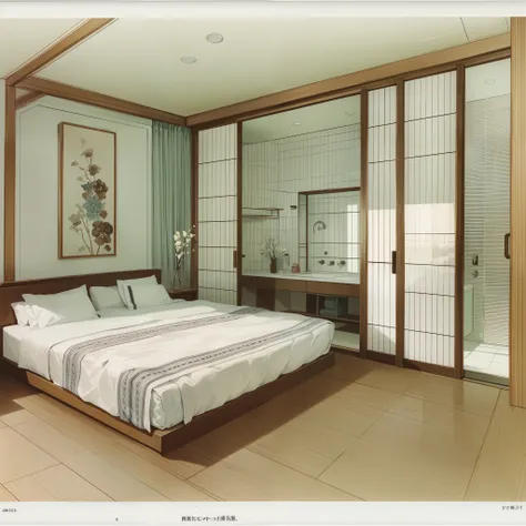 sketches of a hotel room and bathroom with a bed and a sink, by Hiroshi Honda, colorful architectural drawing, architectural illustration, by Hirosada II, by Hideyuki Kikuchi, interior design details, visual development, by Maeda Seison, interior design ar...