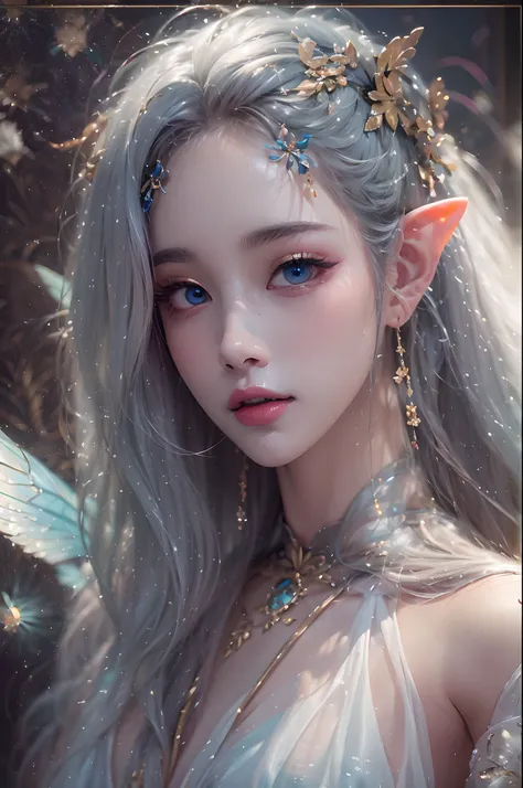 ( Absurd, High quality, Ultra-detailed, Masterpiece, concept-art, smooth, high detail artwork, Hyper-realistic painting ) , elf, Plum elf, plum , Transparent fairy wings, huge tit，low chest，fairytale-like, Romantic, Vivid, Whole body,hand behind back，Malu，...