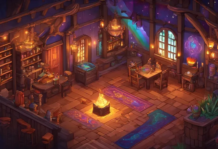 fantasy tavern interior, space tavern, rustic, artifacts on the walls, showcase artifacts, tavern patrons, dark tavern, space outside windows, space theme, ((silvery space flora, space flora)), space background, night time outside, (((((rainbow fire)))))