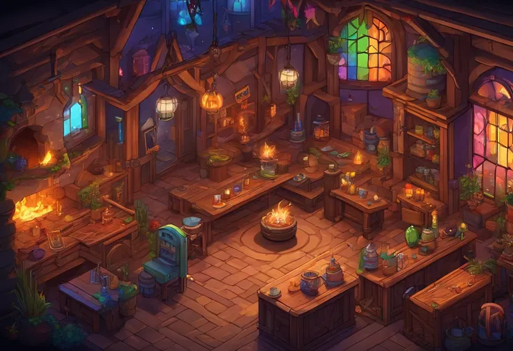 fantasy tavern interior, space tavern, rustic, artifacts on the walls, showcase artifacts, tavern patrons, dark tavern, space outside windows, space theme, ((silvery space flora, space flora)), space background, night time outside, (((((rainbow fire)))))