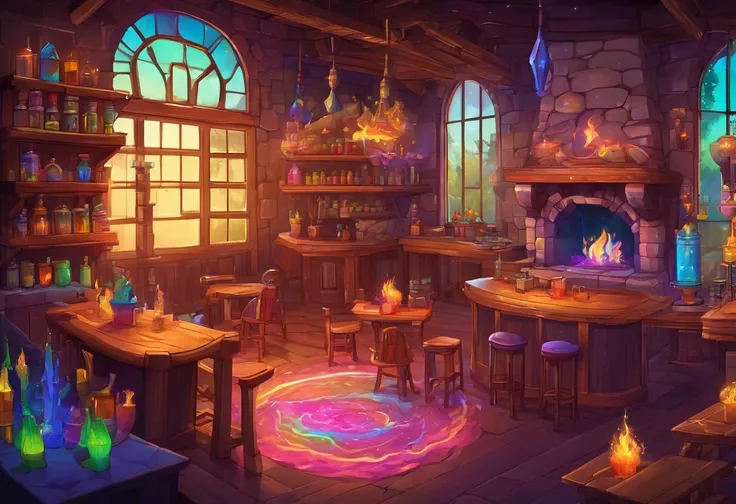 fantasy tavern interior, space tavern, rustic, artifacts on the walls, showcase artifacts, tavern patrons, dark tavern, space outside windows, space theme, ((silvery space flora, space flora)), space background, night time outside, (((((rainbow fire)))))