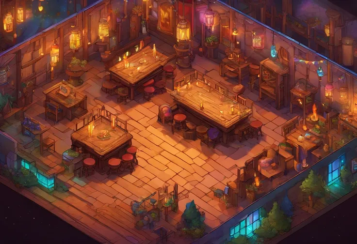 fantasy tavern interior, space tavern, rustic, artifacts on the walls, showcase artifacts, tavern patrons, dark tavern, space outside windows, space theme, ((silvery space flora, space flora)), space background, night time outside, (((((rainbow fire)))))