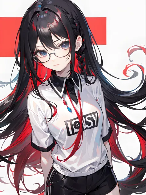 Pretty long black red hair.., Red Highlights, Bright blue eyes.,detailed face,Shy Expression,18 year old girl,black shirt, white shorts,Left Braid,eyeglasses,Smiley face