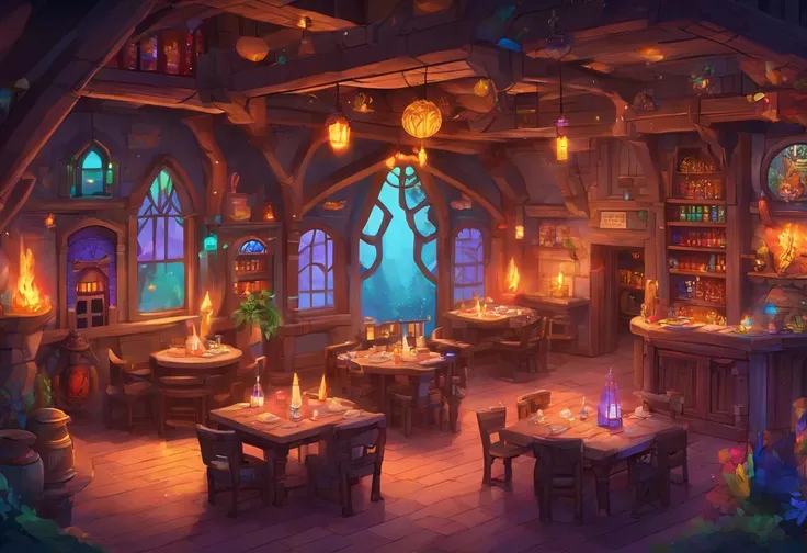 fantasy tavern interior, space tavern, rustic, artifacts on the walls, showcase artifacts, tavern patrons, dark tavern, space outside windows, space theme, ((silvery space flora, space flora)), space background, stars outside, (((((rainbow fire)))))