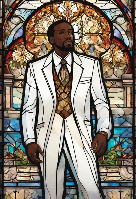 A black man dressed in a white suit stands in front of a white chapel.