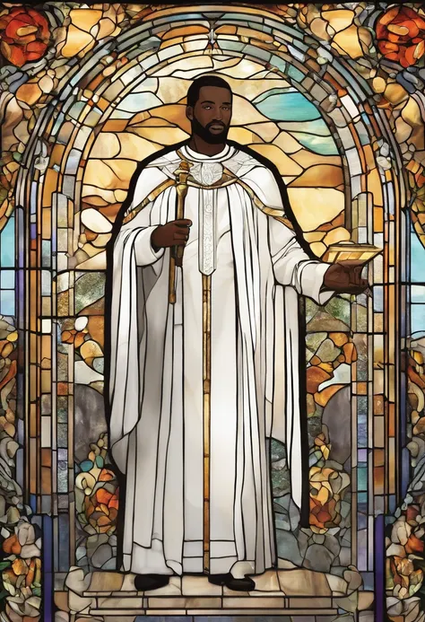 A black man dressed in a white suit stands in front of a white chapel.