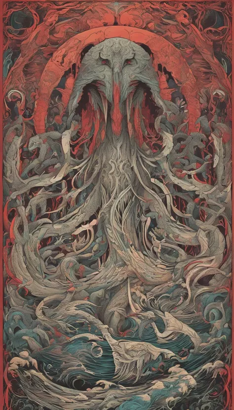 From the depths he emerges, devil, 
The Cthulhus Parade in crimson hues.
Whispers of the otherworldly echo,
A festival where madness and beauty fuse.

In the night sky adorned with abyssal splendor, warm colors 
Feathers stained with blood dance and soar.
...