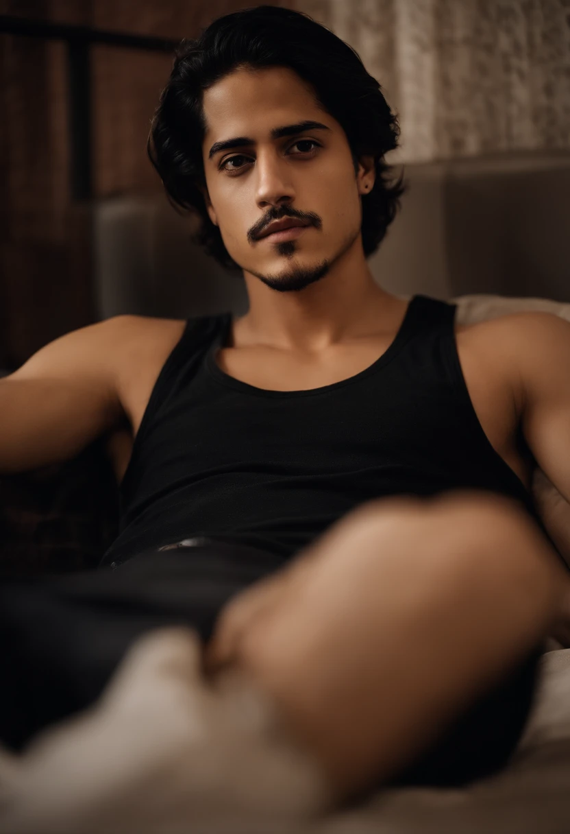 20-year-old male with dark hair, avan jogia, two block haircut , stubble on his face , dressed in a plain black tank top, lying on a bed, pensive expression