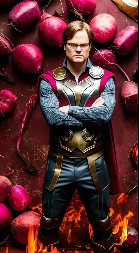 Dwight schrute, pose like thor, realistic photo, beets as weapons, muscular, evil super villain, beets, background in flames