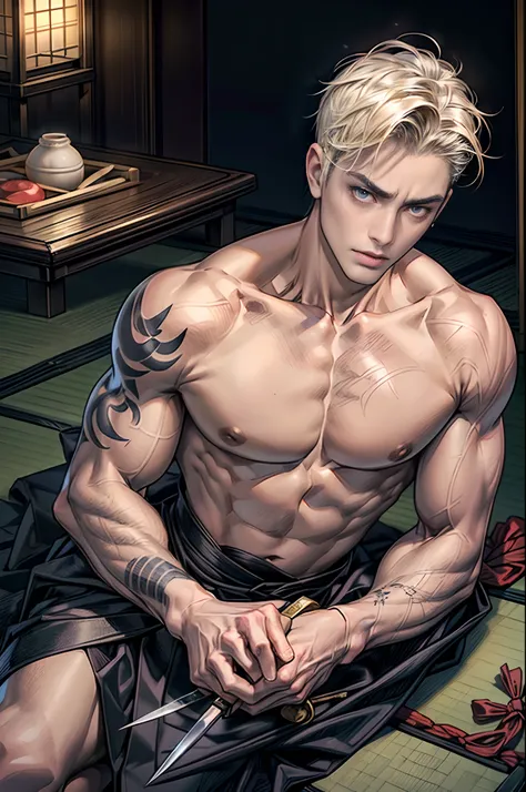 Handsome and strong Japanese yakuza 35 year old man lying in a Japanese-style room late at night，wearing kimonos，Short blonde hair，Cold white skin，Pale complexion，(Pale skin)，Long slender figure，His body is covered with traditional Japanese tattoos，(There ...