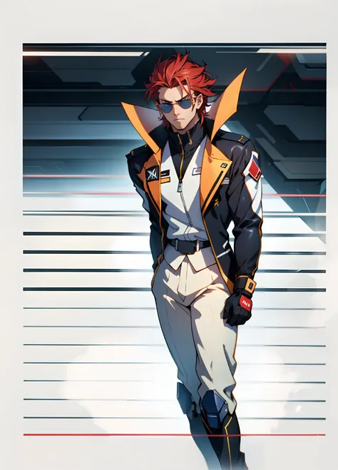 A man with short red-gold hair, hair slicked back, thick and disheveled hair, a cold and ruthless gaze, a confident expression, wears a two-piece futuristic military-style uniform, primarily in shades of white and red, accented by touches of yellow, stream...