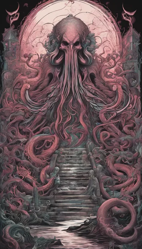 From the depths he emerges, devil, 
The Cthulhus Parade in crimson hues.
Whispers of the otherworldly echo,
A festival where madness and beauty fuse.

In the night sky adorned with abyssal splendor, warm colors 
Feathers stained with blood dance and soar.
...