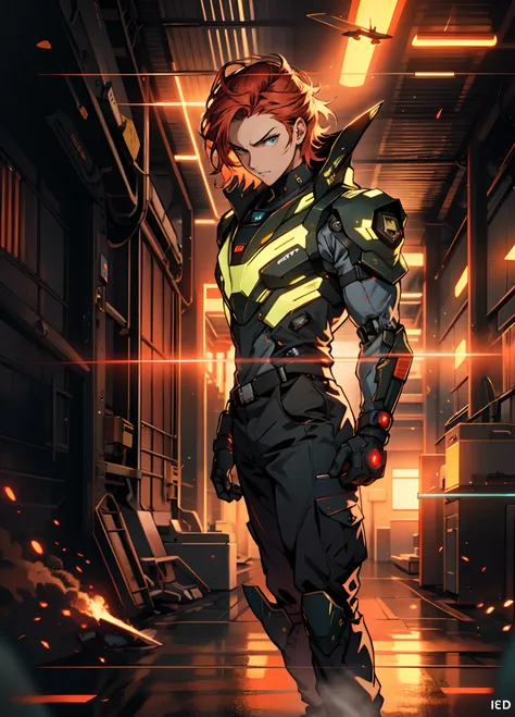 A man with short red-gold hair, hair slicked back, thick and disheveled hair, a cold and ruthless gaze, a confident expression, wears a two-piece futuristic military-style uniform, primarily in shades of white and red, accented by touches of yellow, stream...