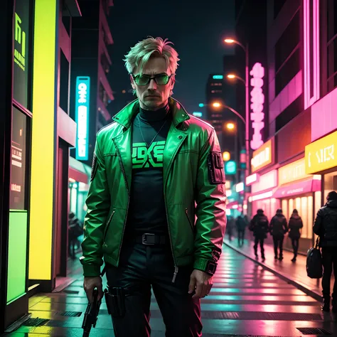 Cyberpunk neon green man wearing glasses on pink cityscape background、Mads Mikkelsen Mercenary Dark Green Jacket Full Body Handgun In Hand Shoot Enemies