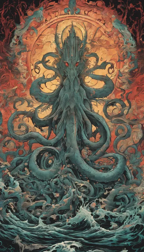 From the depths he emerges, devil, 
The Cthulhus Parade in crimson hues.
Whispers of the otherworldly echo,
A festival where madness and beauty fuse.

In the night sky adorned with abyssal splendor, warm colors 
Feathers stained with blood dance and soar.
...