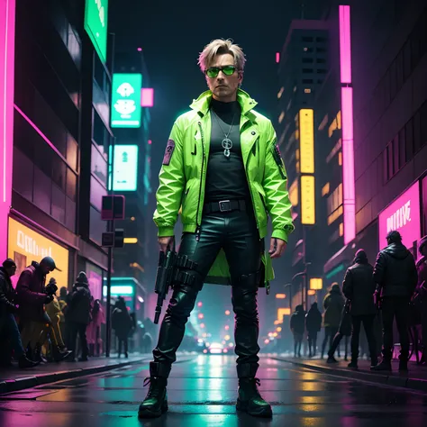 Cyberpunk neon green man wearing glasses on pink cityscape background、Mads Mikkelsen Mercenary Dark Green Jacket Shoots Enemies With Full Body Pistol In Hand