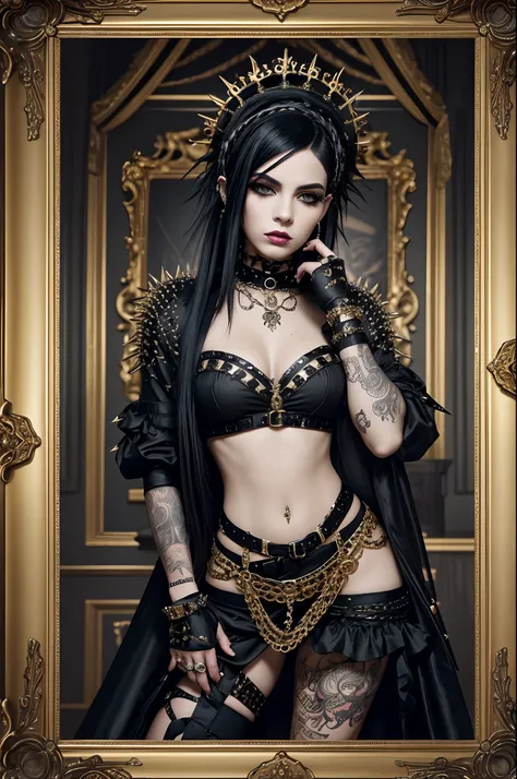 a Late Baroque, rococo regel  fearful intimadating savage traditional fullbody queen female shaved skinpunk goth, emo goth spikey fashion shoot editorial style, Hypebeast ultra fast fashion with goth emo accessories inside a golden picture frame