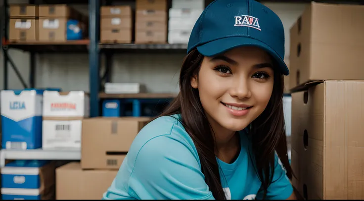 RAW Photo, DSLR BREAK (kkw-ph1:0.9) BREAK portrait of 1 young 25 year old woman, holding a big box, holding a large box, brown hair, wearing plain lightblue t shirt, plain lightblue trucker cap, perfect eyes, perfect lips, perfect nose, professional color ...