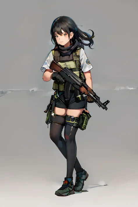 ((best quality)), ((masterpiece)), ((high res)), 1girl, muslim, brown eyes, full body, gloves, black hair, gun, holding and aimi...