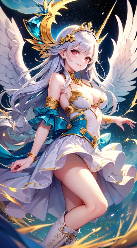 top-quality、Top image quality、​masterpiece、girl with((18year old、bright clothes、White bra、white dres、Gold Skirt、 Best Bust、Bust 90、Long silver hair、Red Eyes、open chest wide、Valley、Happiness、A slender、Angelic face、Aura of Light、Wings of the Universe、Angel B...