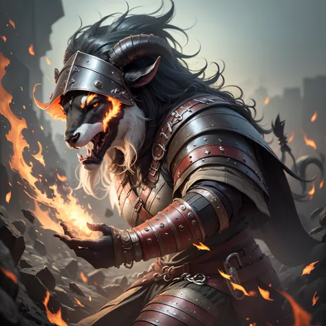 Black sheep dressed as a viking warrior breathing fire and causing destruction --auto --s2