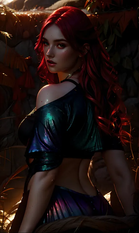 woman with iridescent crimson hair, beautiful highly detailed face, complementary lighting, backlit, eyeshadow, divine, landscape background, beautiful painting by artgerm and greg rutkowski and raymond swanland,