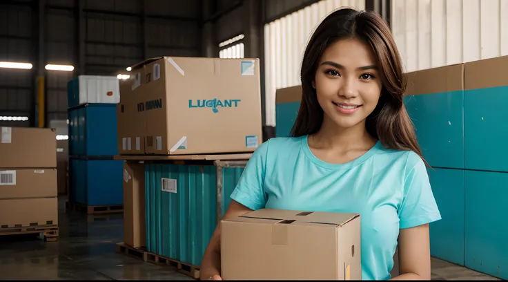 RAW Photo, DSLR BREAK (kkw-ph1:0.9) BREAK portrait of 1 young 25 year old woman, holding a big box, holding a large box, brown wavy hair, wearing plain lightblue t shirt, plain lightblue trucker cap, perfect eyes, perfect lips, perfect nose, professional c...